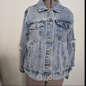 Womens Rue 21 Ripped Distressed Graphic Print Bee & Skull Jean Jacket Size Large